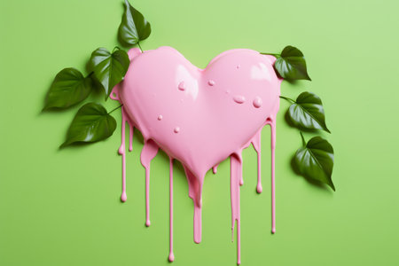 Melting Hearts in Nature: A Mesmerizing Composition of Ivy Leaves and Hot Pink Drips, set against a Pastel Green Backdropの素材