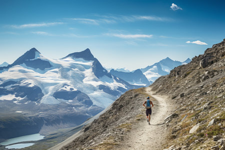 Thrilling Adventures: A Mature Trail Runner Conquers the High Mountain Trail Above a Majestic Glacierの素材