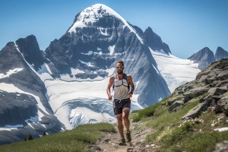 Unstoppable Mature Athlete Conquers Mountain Terrain above Majestic Glacierの素材