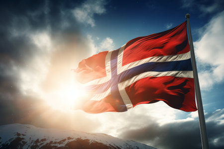 Norway's Majestic Flag Soars Amidst Sunrays in Vibrant Blue Skiesの素材