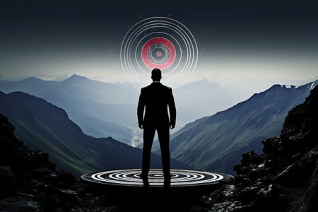 Aiming High: Conquering Goals Atop the Mountain with a Target in Handの素材