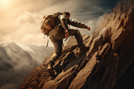 Conquering the Impossible: The Unyielding Spirit of a Man Scaling a Treacherous Mountainsideの素材