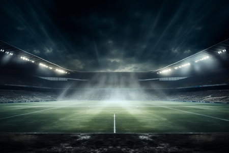 Victory Illuminated: A Captivating Night View of an Action-Packed Sports Stadium amidst Spotlights and Fogの素材