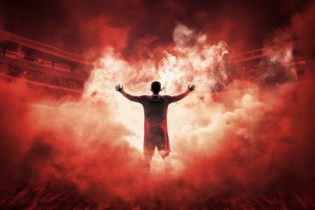 Victorious Soccer Player Embracing Goal Amidst Fiery Red Smoke at Stadiumの素材