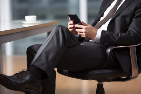Efficiency on Display: A Businessman Mastering Efficiency with Smartphone on Deskの素材