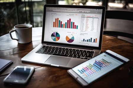 Tech-Savvy Workspace: A Close-Up of a Laptop displaying Graphs, Charts, and Diagrams, surrounded by Gadgets and Coffee on a Clean White Tableの素材