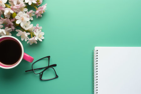 Aesthetic Home Office: Inspiring Desk Setup with Laptop, Notebook, Flower, and Coffee Cupの素材
