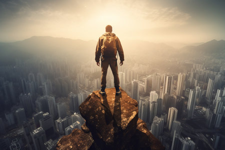 Conquer Your Fears and Reach New Heights: The Journey of a Man Ascending a Mountain against a City Backdrop - A Powerful Double Exposureの素材