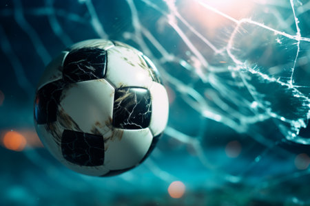 Victorious Soccer Ball Breaks the Goal Net: A Close-Up Triumph in Footballの素材