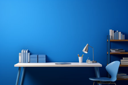 Channeling Creativity: A Peek Into the Inspiring Office Desk with Colorful Supplies and a Captivating Blue Wallの素材