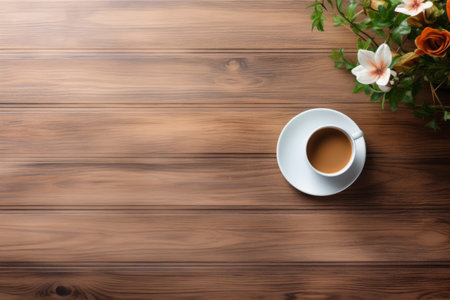 Productivity Essentials: A Top View of an Office Desk with Computer, Supplies, Flower, and Coffee Cupの素材