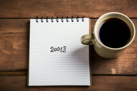 Fueling Ambitions: Using Handwritten Goals to Drive Business Success, on a Notebook with Coffee Cup on Wooden Backgroundの素材