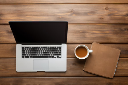 Workspace Essentials: Computations Meets Caffeination on Wooden Deskの素材