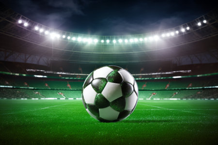 Nighttime Extravaganza: A Lit Soccer Ball Shines on a Green Stadium Under Bright Spotlights