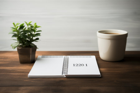 Top-Viewed 2018 Goals: A Motivational Journey with Notebook, Coffee, and Woodの素材