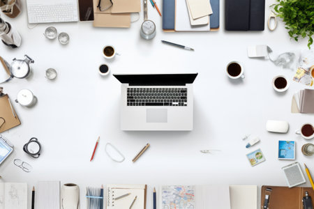 Organized Chaos: A Top View of a White Office Desk with Endless Possibilitiesの素材