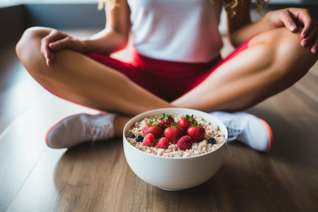 Sweat and Sustenance: A Snapshot of an Active Woman Nourishing Herself with a Muesli Fruit Bowl, All on the Kitchen Floorの素材