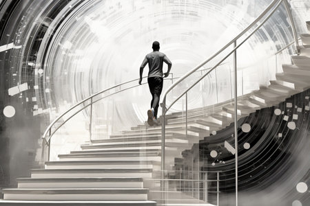 Ascending Ambition: A Dynamic Illustration of a Black and White Running Figure Conquering Stairs Towards Their Targetsの素材