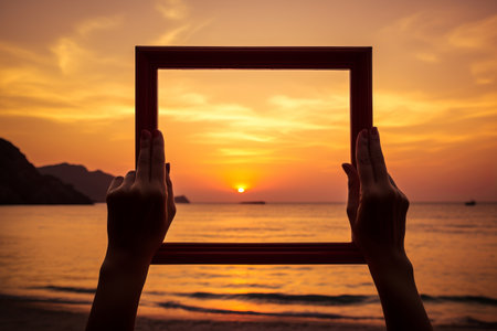Embracing Opportunities: A Woman's Hands Frame the Sunrise in a Vision of Business Strategy and Planningの素材