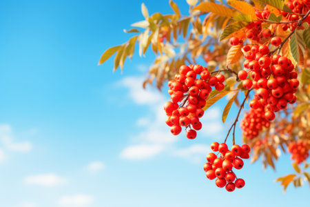 A Captivating Encounter: Autumn's Vibrant Red Rowan Berries Embrace the Blue Skyの素材