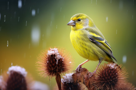 Enchanting Encounter: A Captivating European Greenfinch Perched on a Vibrant Thistle Flowerの素材