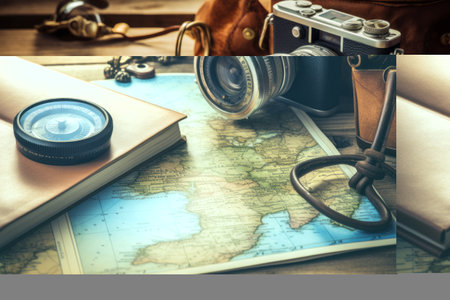 Capturing Memories: Unearthing the Charm of Beach Travel with a Vintage Camera, Compass, and Planner Bookの素材