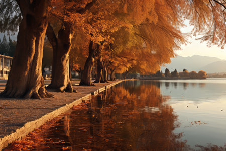Autumn Reflections: Mesmerizing Trees and Ioannina Lake in Greece's Afternoon Glowの素材