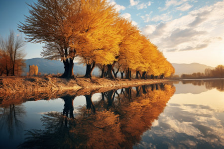 Captivating Autumn Afternoons: Reflections of Lake Trees in Ioannina, Greeceの素材