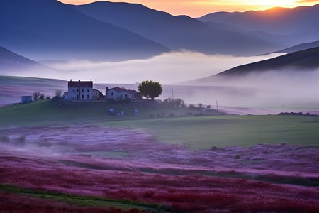 Mystical Serenity: A Foggy Dawn in Castelluccio, Umbria, Italyの素材