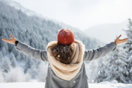Winter Wonderland: A Joyful Woman Embracing the Splendor of Nature in the Snowy Mountainsの素材