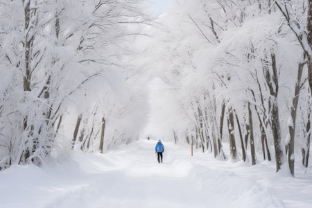 Winter Adventure: Ski Touring on Hokkaido's Snow-Covered Road near Nisekoの素材