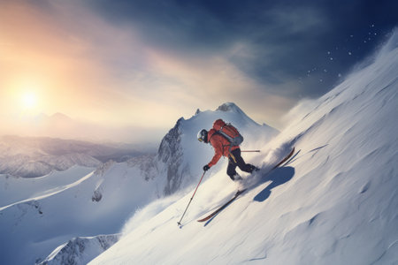 A Thrilling Descent: Conquer the Snowy Mountain Ski Slope on Skisの素材