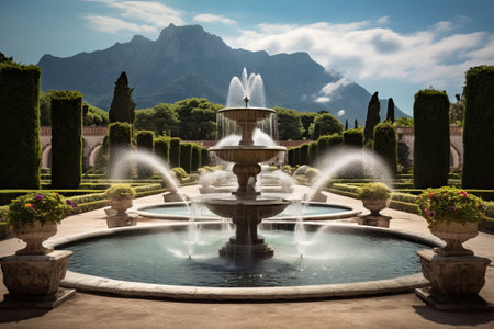 Enchanting Fountains amidst Breathtaking Garden Oasis and Majestic Mountain Vistas under Dreamy Cloudsの素材