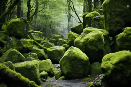 Mystic Serenity: Exploring the Enchanting Moss Covered Stones in a Mountain Forestの素材