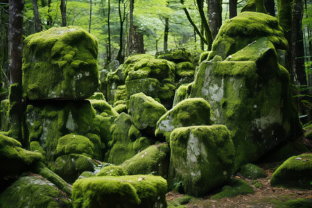 Mysterious Beauty: Moss-Covered Stones in an Enchanting Mountain Forestの素材