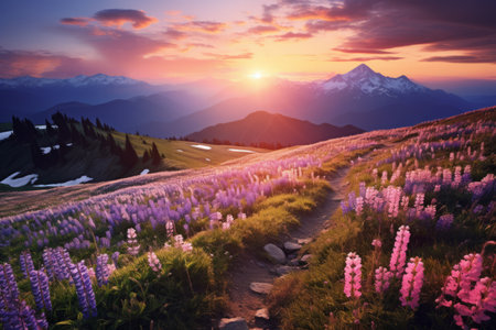 Nature's Beauteous Canvas: Exploring Majestic Mountains and Enchanting Wildflowersの素材