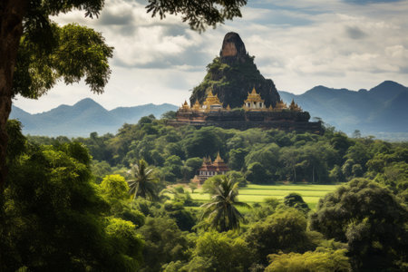 Spectacular Ancient Temple Enhancing the Majestic Mountain View in Kanchanaburiの素材