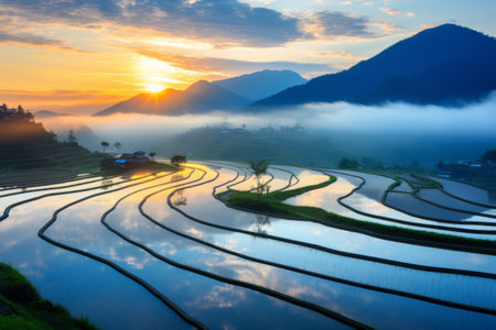 Golden Waves: Paddy Rice Field Bathed in Sunrise Serenityの素材