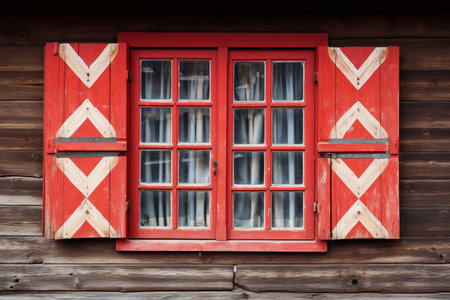 Austrian Heritage: A Vintage Wooden Window adorned with National Colorsの素材
