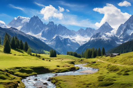 Serene Alpine Majesty: A Panoramic Landscape of Meadows, Lakes, and the Majestic Alpsの素材