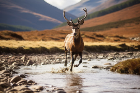 A Majestic Sight: Red Deer Gracefully Running Across Glen Tromie in Cairngorms National Parkの素材
