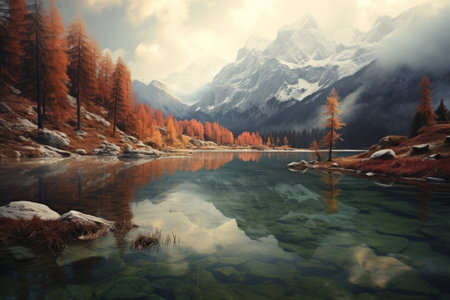 Serene Reflections: Captivating Photographs of a Majestic Mountain Lakeの素材