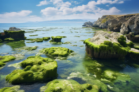 Algae-Covered Summer Beauty: Exploring the Rocky Coastline of the Caspian Seaの素材