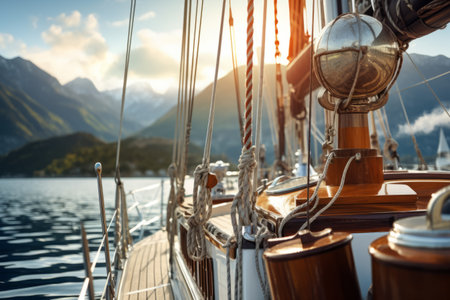 Sailing into the Majestic Mountains: The Exquisite Rigging of a Yacht amidst a Stunning Landscapeの素材