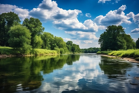 Nature's Canopy: A Serene River Running Through Tree-Filled Land with Cloud Reflectionsの素材