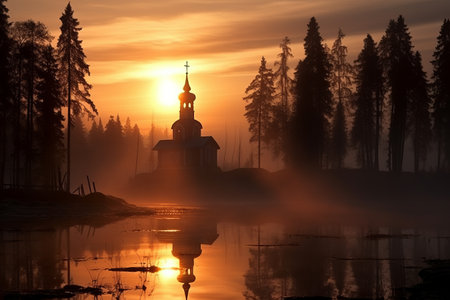 Mystical Serenity: A Morning Portrait of Valaam, Karelia - Church Silhouette Bathed in Sun's Radianceの素材