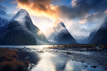 Dawn's Embrace: Milford Sound Awakens as the Sun Rises Amidst Majestic Mountainsの素材