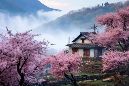 Nestled Amongst Blossoming Trees: Small Mountainside Abodesの素材