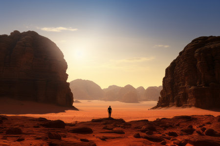 Majestic Martian Landscapes: A Silhouette Stands Tall on the Rocks of Wadi Rum Desert in Jordanの素材