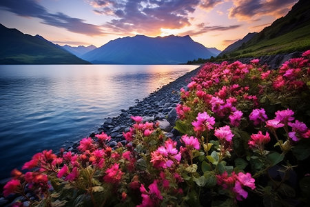 Serenity by the Water: Captivating Small Flower Plants Nestled Alongside Majestic Mountainsの素材